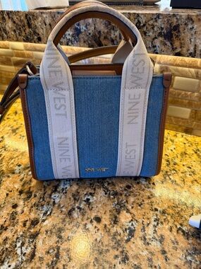 Nine West Blue Denim Tote with Tan Trim and Cream Logo Straps
